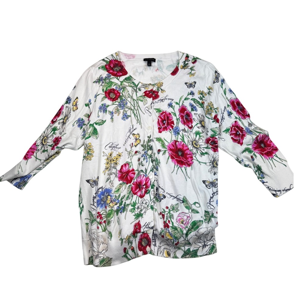 Talbots womens Floral Cardigan Butterfly Print Button Front Sweater White Large